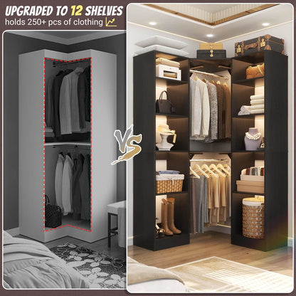 Corner Closet System with 12 Shelves, 40" Large Corner Closet Organizer System with 2 Hanging Rods