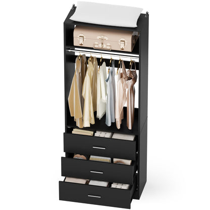 Freestanding 2FT Closet System with 3 Wood Drawers, 24" Closet Organizer System with Hanging Rod & Shelves