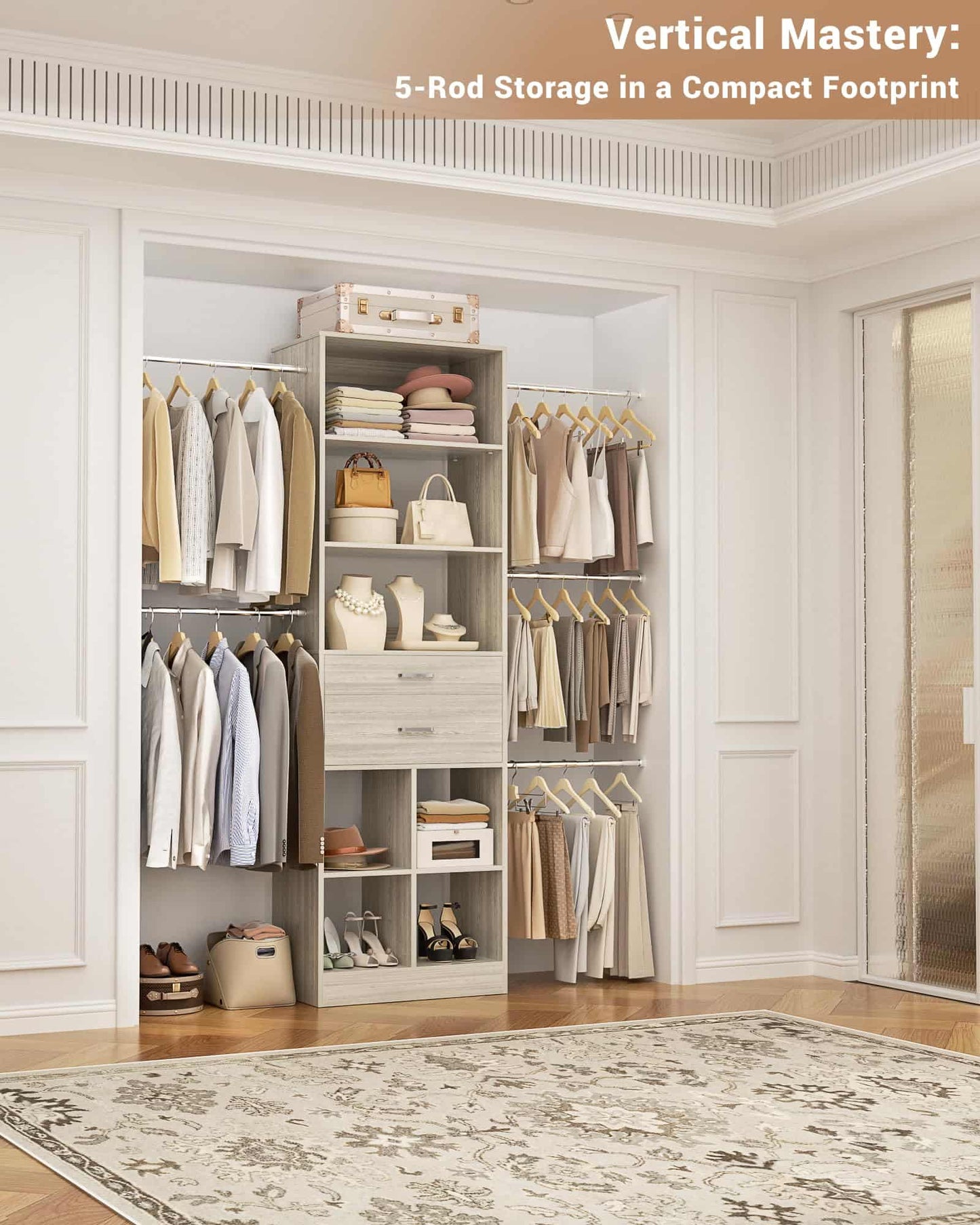 Adjustable Small Closet System, 3.2-6.8FT Expandable Closet Organizer with 2 Wooden Drawers & 5 Heavy-Duty Hanging Rods