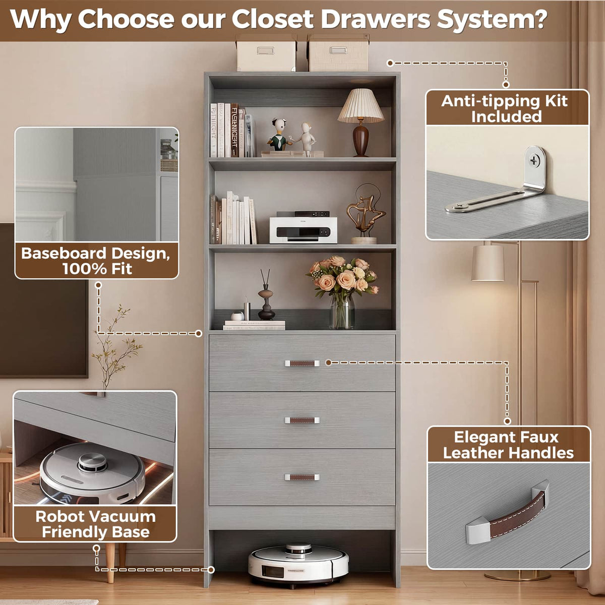 1.8FT Closet System with Leather Handles for Small Space