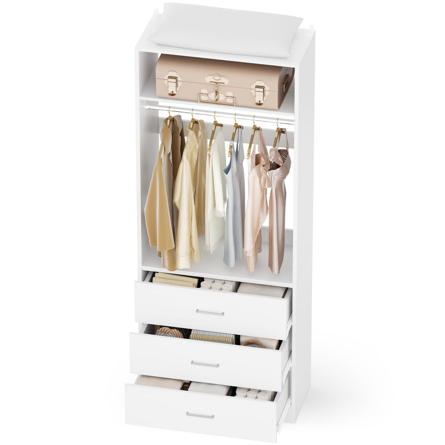 Freestanding 2FT Closet System with 3 Wood Drawers, 24" Closet Organizer System with Hanging Rod & Shelves