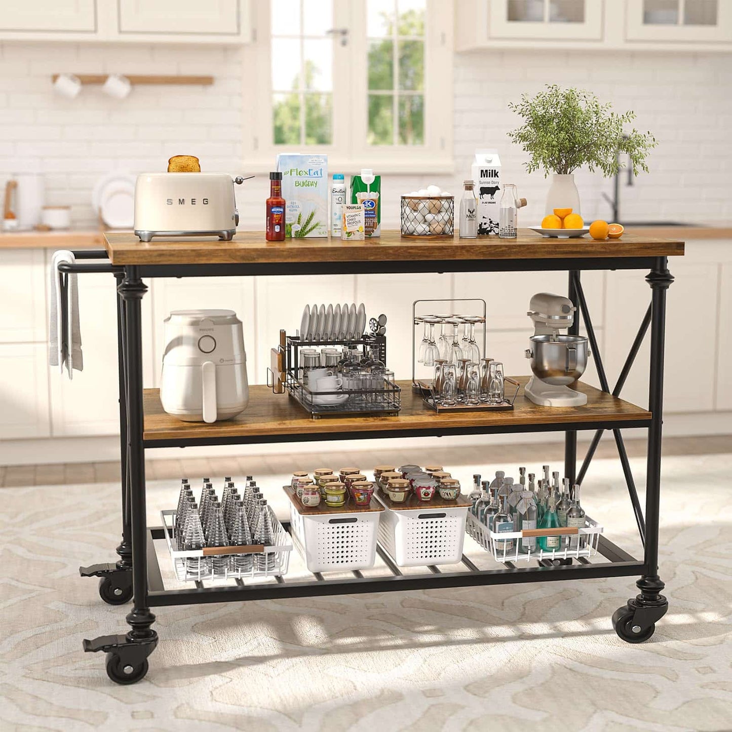 Industrial Mobile Kitchen Island Cart with Wheels: 3-Tier Storage, Lockable Casters for Kitchen, Dining & Small Spaces