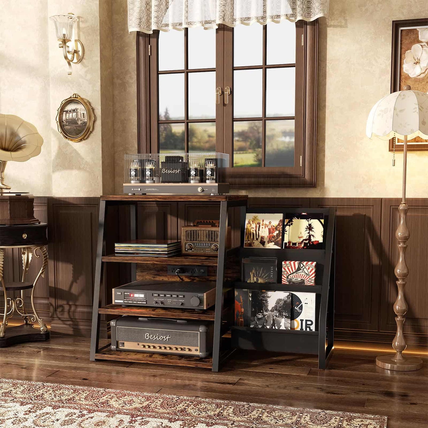 4-Tier Media Stand with Vinyl Storage, Power Outlets & LED Lights