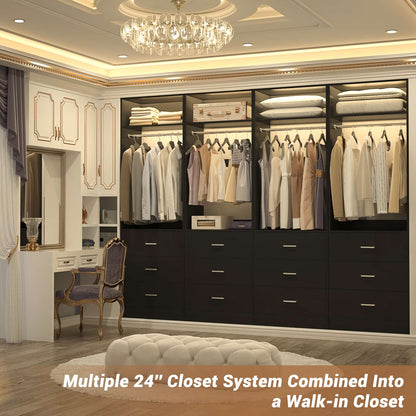 Freestanding 2FT Closet System with 3 Wood Drawers, 24" Closet Organizer System with Hanging Rod & Shelves