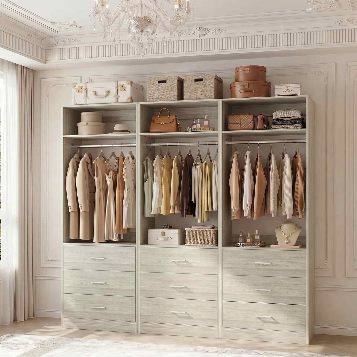 Freestanding Closet System Set - 3-Pack with 3 Wood Drawers Each,With Hanging Rod & Shelves, 24"L x 15"W x 80"H