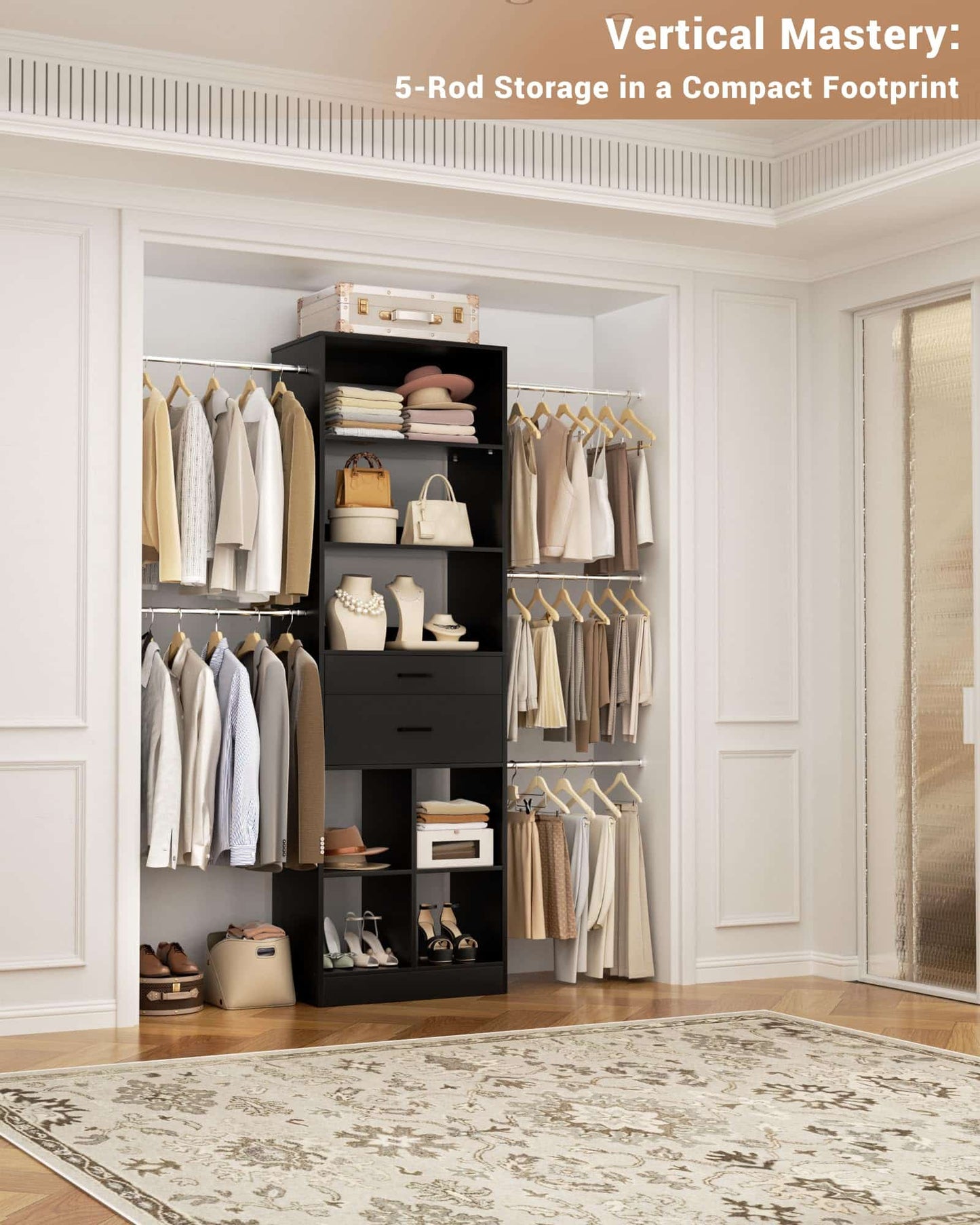 Adjustable Small Closet System, 3.2-6.8FT Expandable Closet Organizer with 2 Wooden Drawers & 5 Heavy-Duty Hanging Rods