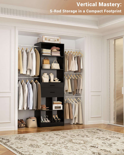 Adjustable Small Closet System, 3.2-6.8FT Expandable Closet Organizer with 2 Wooden Drawers & 5 Heavy-Duty Hanging Rods