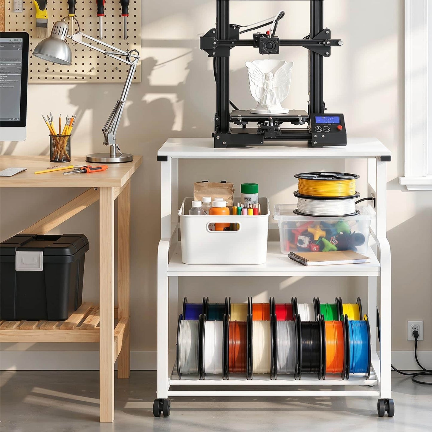 Heavy-Duty 3D Printer Rolling Cart with Power Outlet & Filament Storage, 3-Tier Adjustable Printer Stand for Home Office