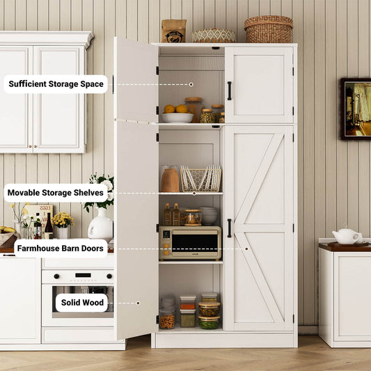 Farmhouse Kitchen Pantry Storage Cabinet with Adjustable Shelves and Barn Doors