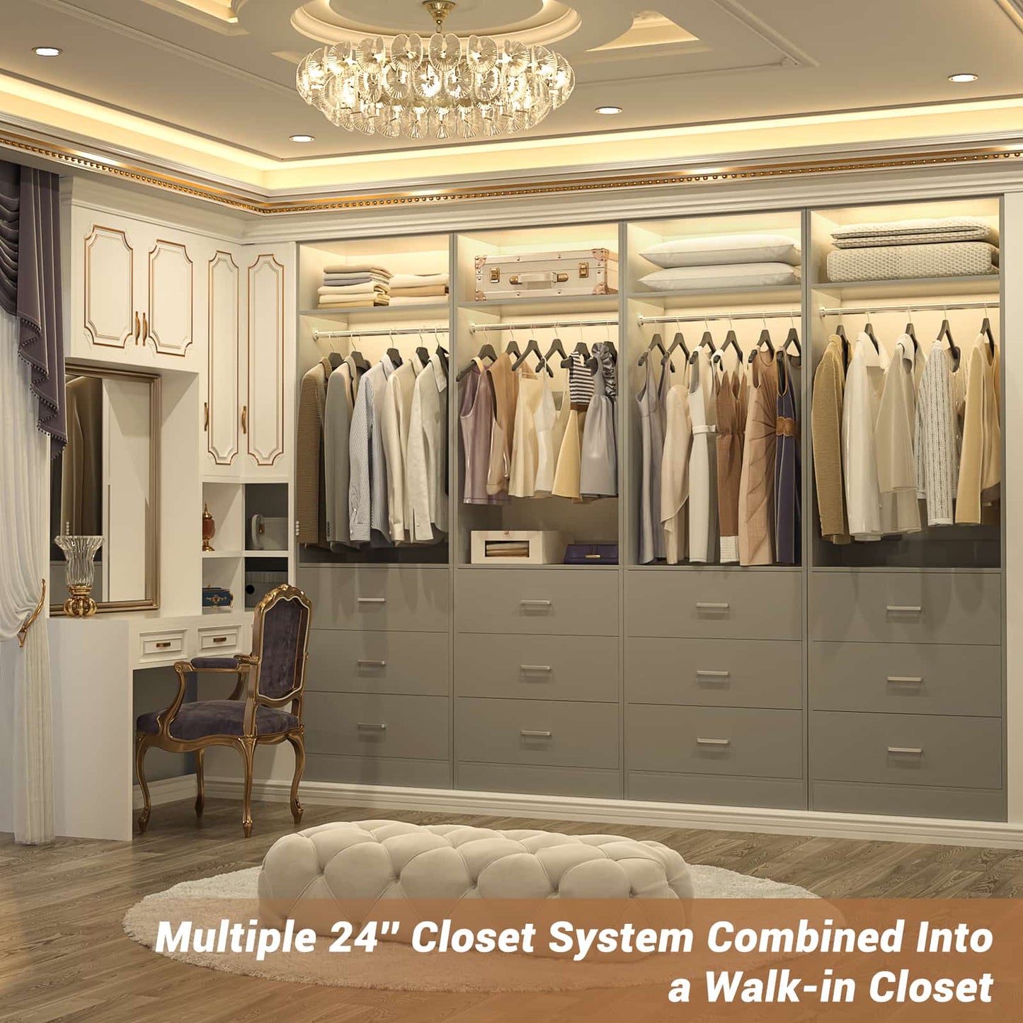 Freestanding 2FT Closet System with 3 Wood Drawers, 24" Closet Organizer System with Hanging Rod & Shelves