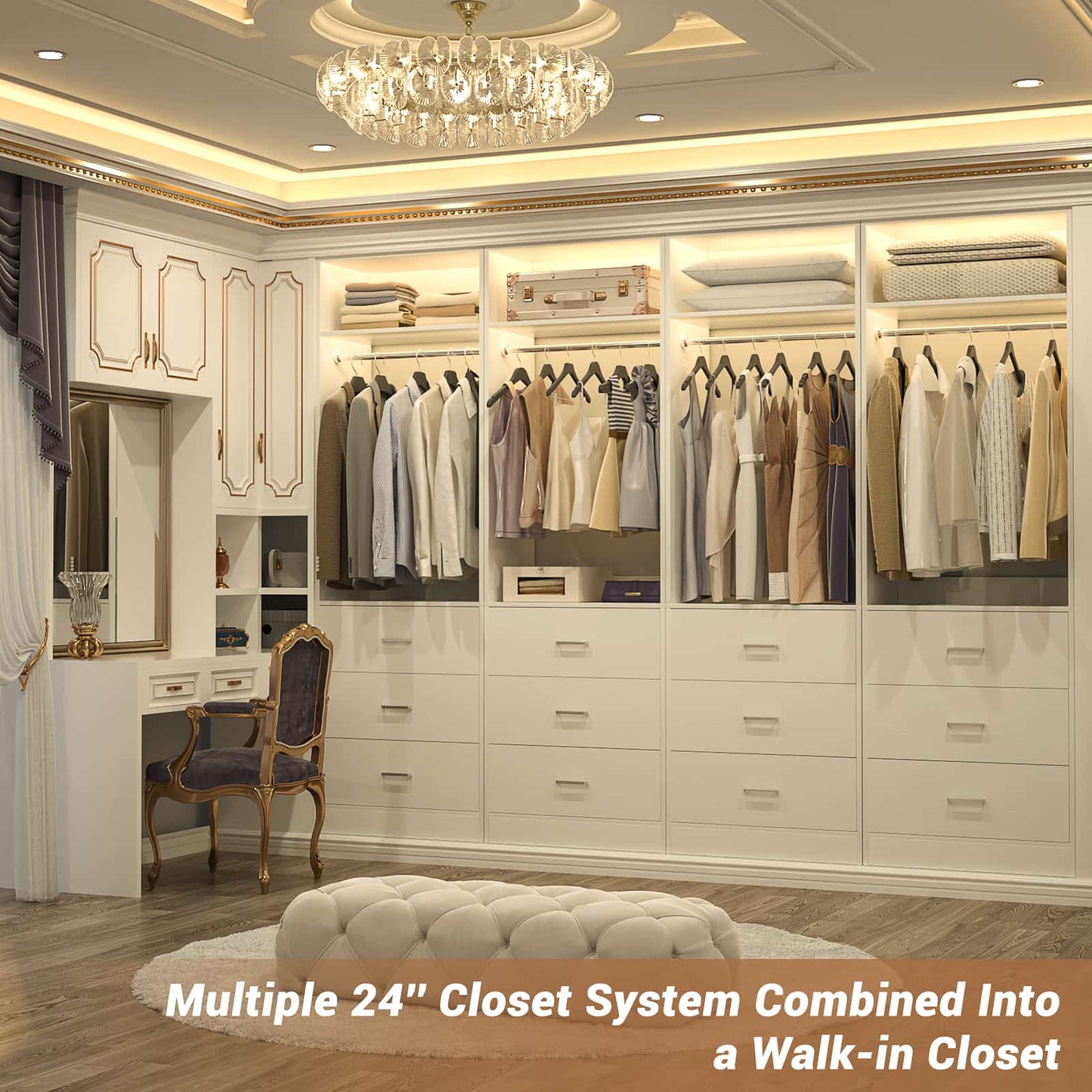 Freestanding 2FT Closet System with 3 Wood Drawers, 24" Closet Organizer System with Hanging Rod & Shelves