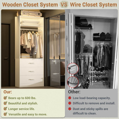 Freestanding 2FT Closet System with 3 Wood Drawers, 24" Closet Organizer System with Hanging Rod & Shelves