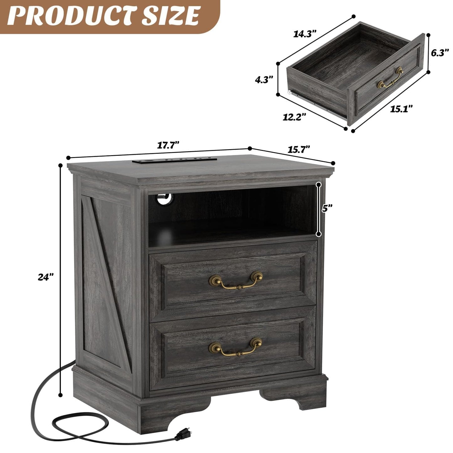 Set of 2 Nightstands with Charging Station, Farmhouse Rustic Bedside Tables with USB-C Ports, AC Outlets, Drawers & Open Shelf