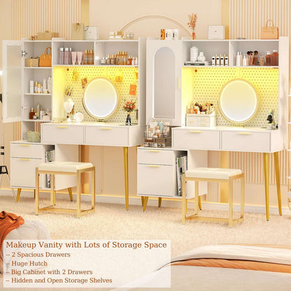 48" Makeup Vanity with Hutch, LED Lighted Mirror & Charging Station, 5 Large Drawers, Shelves, Pegboard & Cabinet