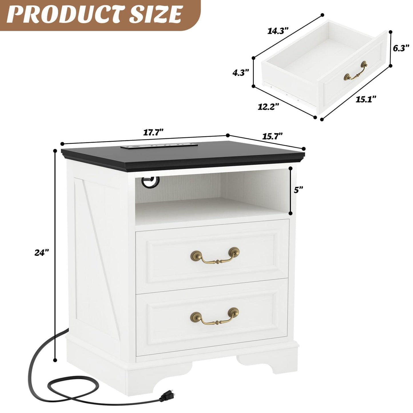 Set of 2 Nightstands with Charging Station, Farmhouse Rustic Bedside Tables with USB-C Ports, AC Outlets, Drawers & Open Shelf