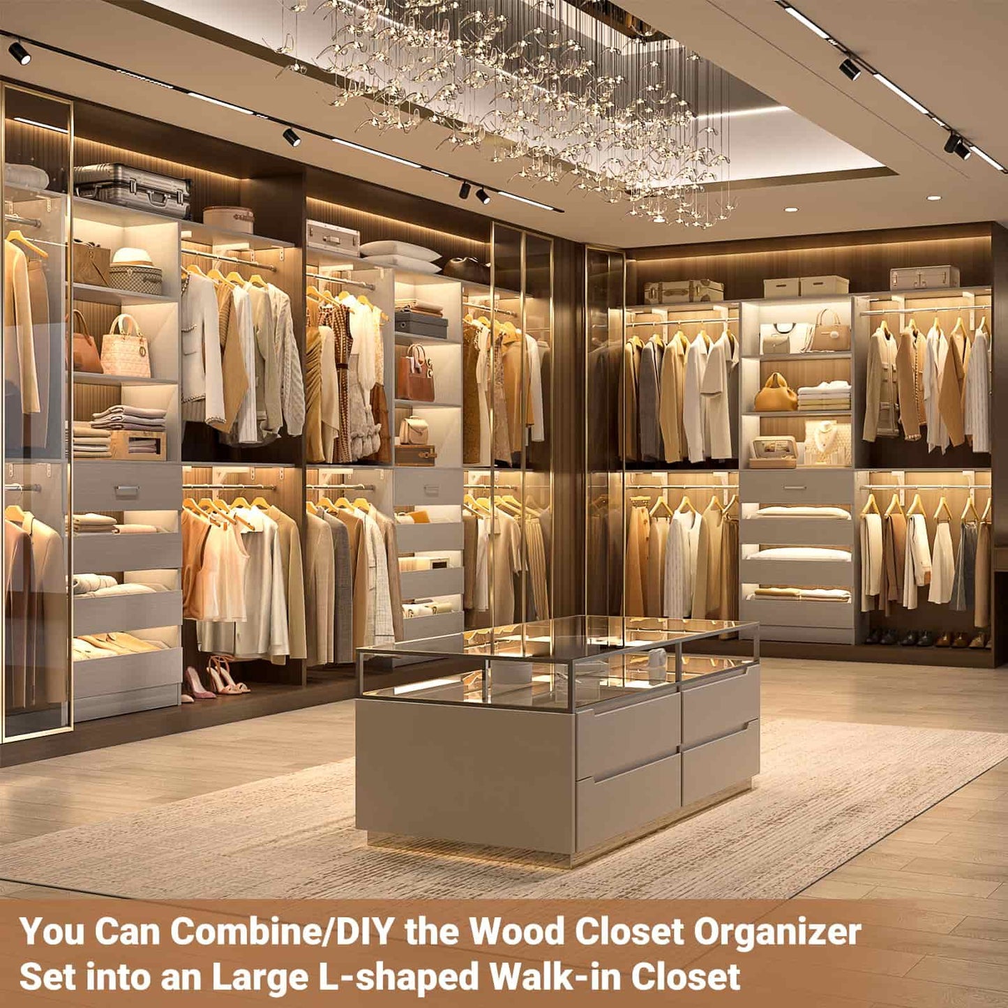 Closet System, 8FT Closet Organizer with 4 Wooden Drawers, Wood Closet Organizer System with Tower, Walk-in Closet Organizer Wardrobe