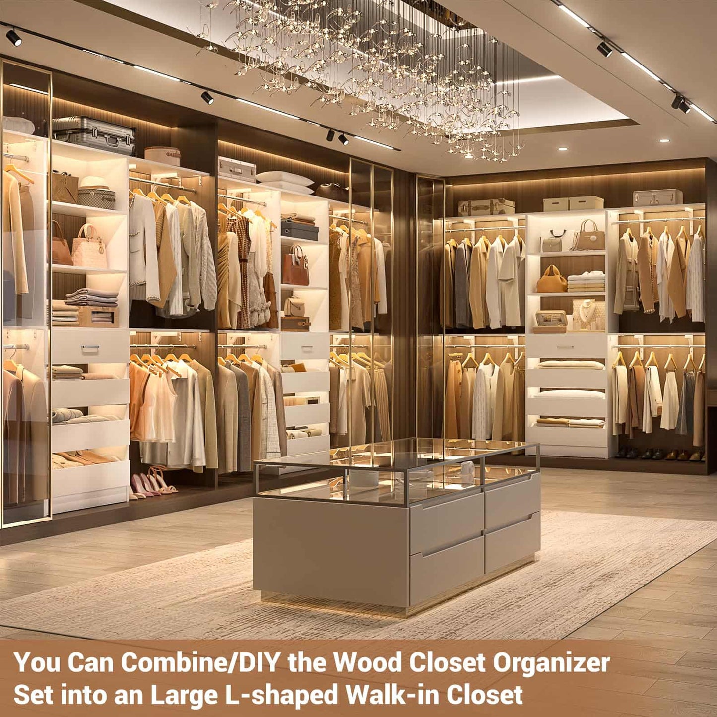 Closet System, 8FT Closet Organizer with 4 Wooden Drawers, Wood Closet Organizer System with Tower, Walk-in Closet Organizer Wardrobe