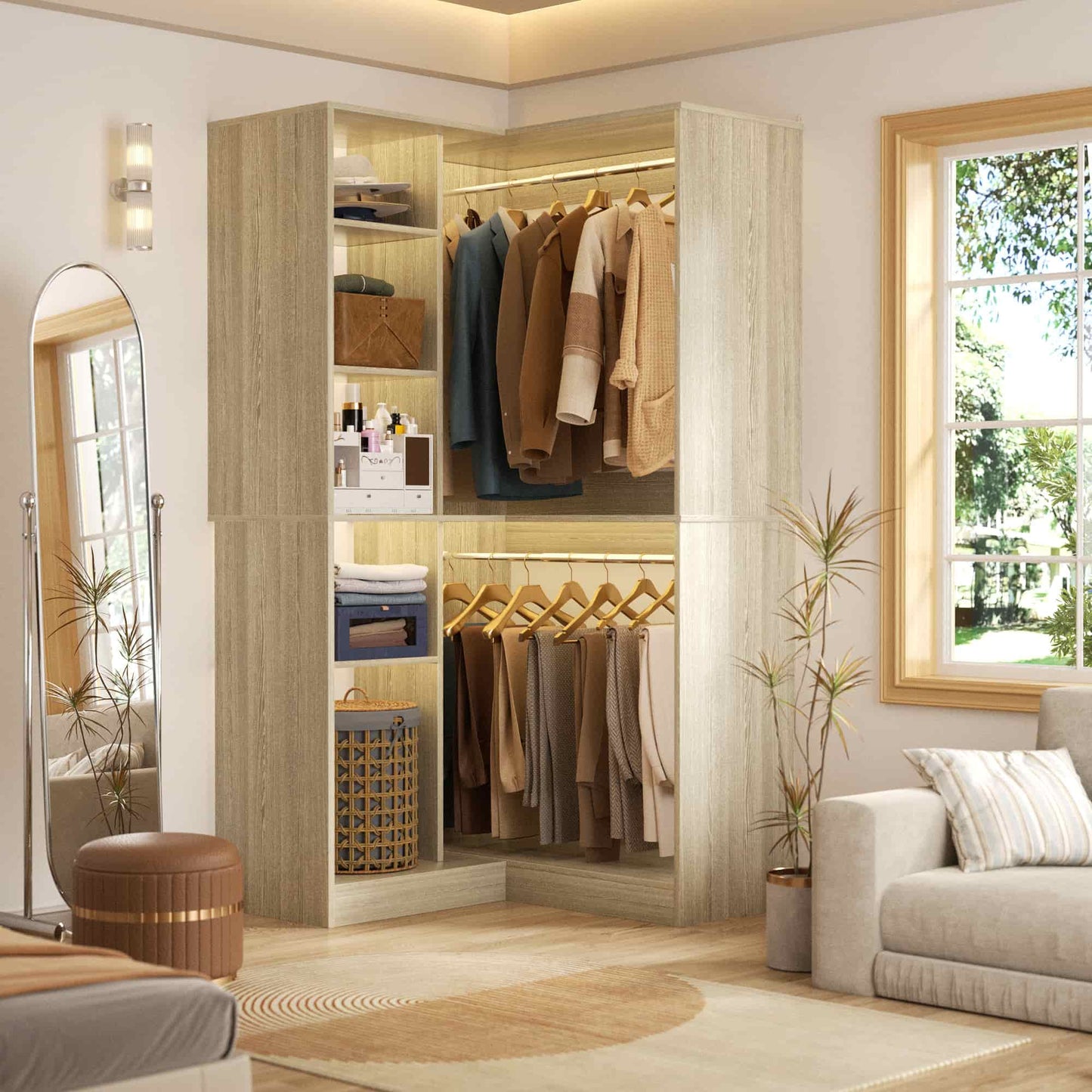 36" Corner Closet System - 2 Rods, Hutches, and 5 Shelves for Versatile Storage, Sturdy and Durable Design Armoire Closet Organizer