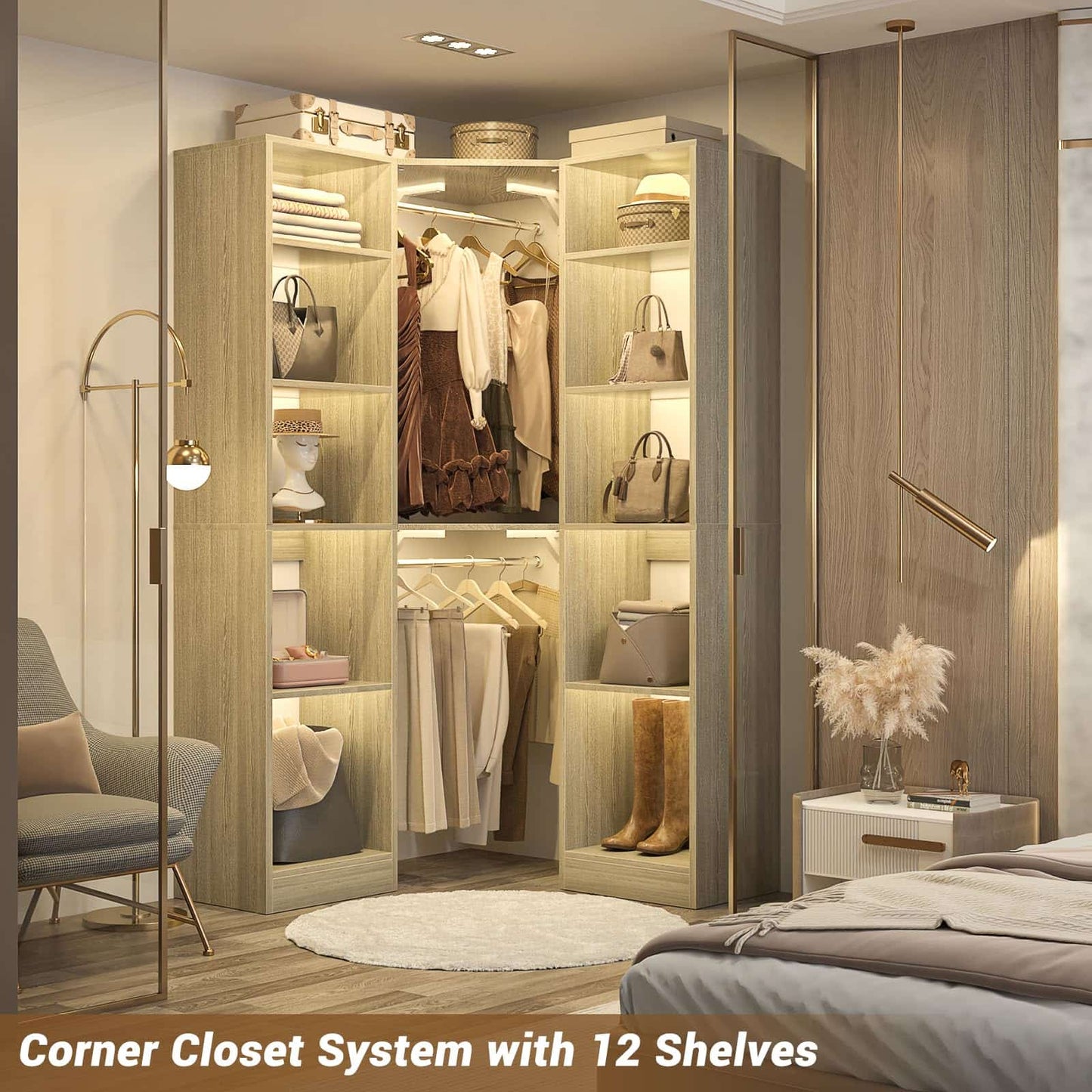 Corner Closet System with 12 Shelves, 40" Large Corner Closet Organizer System with 2 Hanging Rods