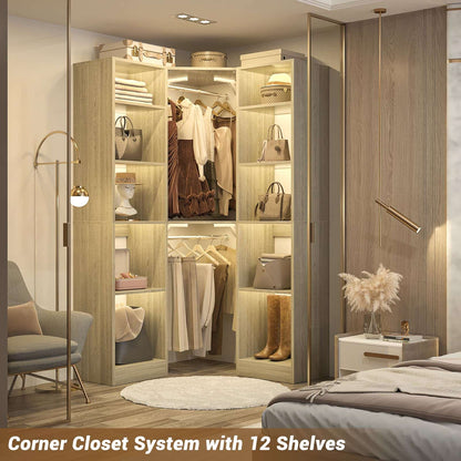 Corner Closet System with 12 Shelves, 40" Large Corner Closet Organizer System with 2 Hanging Rods