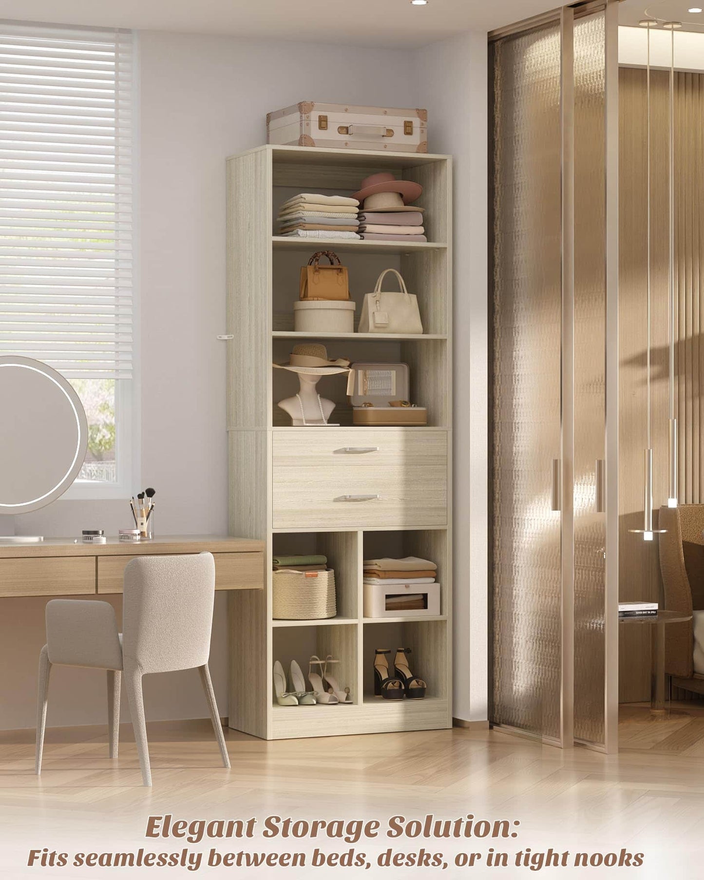 22" Floor-Standing Closet System, Multi-Tiered Wardrobe Storage Unit with Adjustable Shelves & Smooth-Glide Drawers