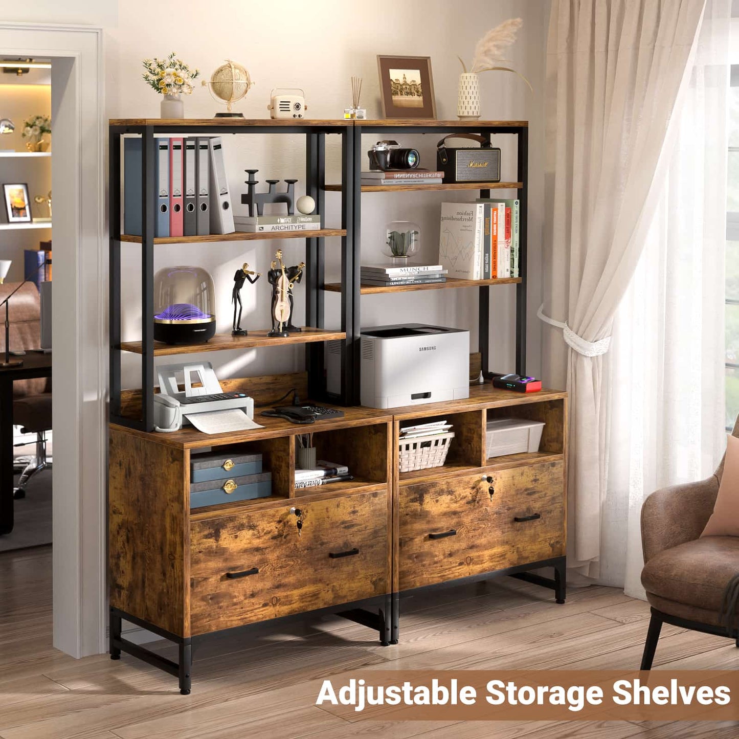 File Cabinet with Charging Station, Vertical Filing Cabinet with Lock & Large Drawer