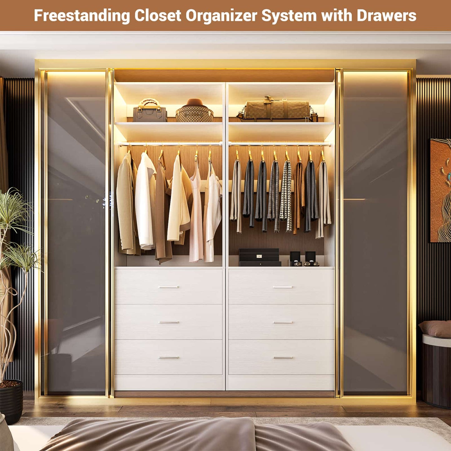 Freestanding 2FT Closet System with 3 Wood Drawers, 24" Closet Organizer System with Hanging Rod & Shelves