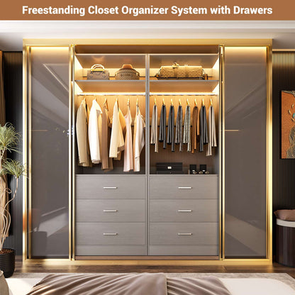 Freestanding 2FT Closet System with 3 Wood Drawers, 24" Closet Organizer System with Hanging Rod & Shelves