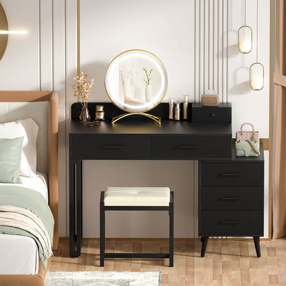 Vanity Desk with Mirror and Lights, Modern Makeup Vanity Table Set with 6 Storage Drawers and Cushioned Stool