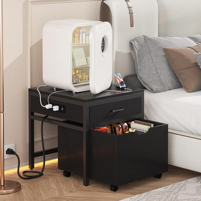 Mini Fridge Stand with Drawer Storage & Sockets, Heavy Duty Mini Refrigerator table with Rolling Cabinet
