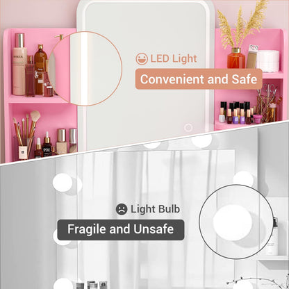 Vanity Desk with LED Lighted Mirror, Makeup Desk with 5 Storage Shelves & 2 Drawers, Vanity Table, Modern Dressing Table with 3 Color Lighting