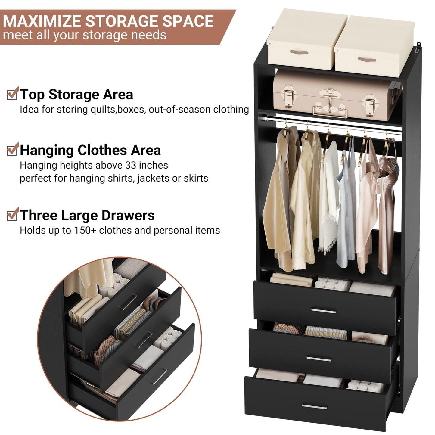 Freestanding 2FT Closet System with 3 Wood Drawers, 24" Closet Organizer System with Hanging Rod & Shelves
