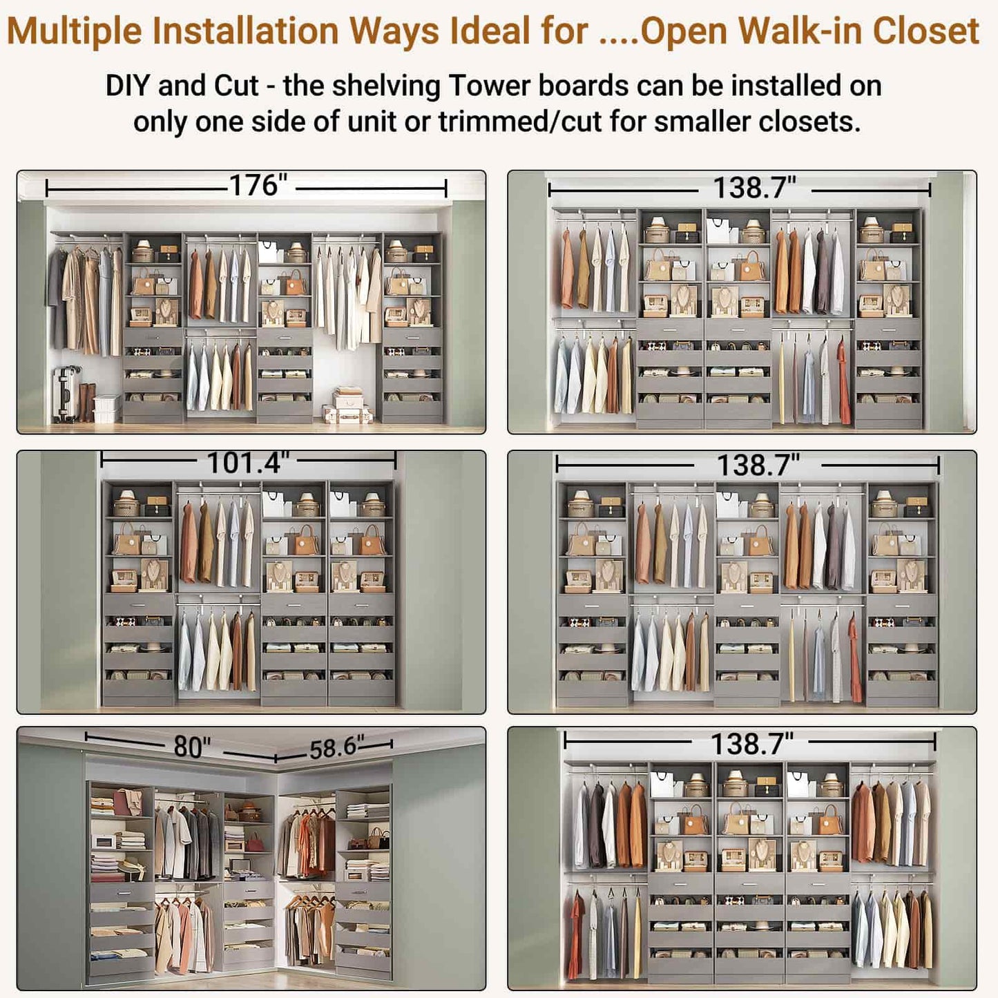 3-Piece L-Shaped Walk-in Closet Organizer System, 138.5" Wood Closet Tower with 12 Drawers & 4 Expandable Hanging Rods, Customizable Wardrobe Storage Set for Bedroom, Apartment