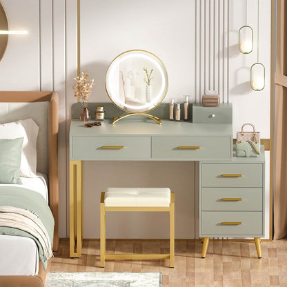 Vanity Desk with Mirror and Lights, Modern Makeup Vanity Table Set with 6 Storage Drawers and Cushioned Stool