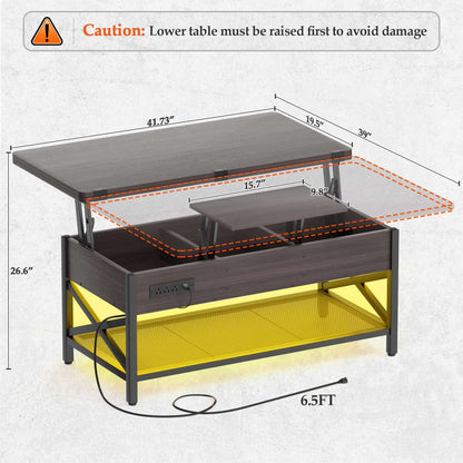 Coffee Table Lift Top with LED Light and Power Outlet, Multi-Function Coffee Table Converts to Dining Table