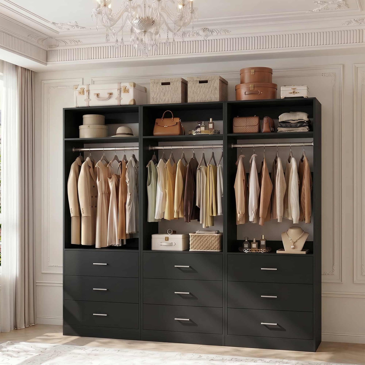 Freestanding Closet System Set - 3-Pack with 3 Wood Drawers Each,With Hanging Rod & Shelves, 24"L x 15"W x 80"H