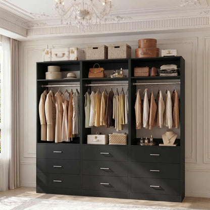 Freestanding Closet System Set - 3-Pack with 3 Wood Drawers Each,With Hanging Rod & Shelves, 24"L x 15"W x 80"H