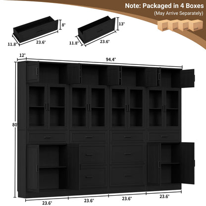 80" Tall Modular Bookshelf and Storage Cabinet Set with Glass Doors and Drawers