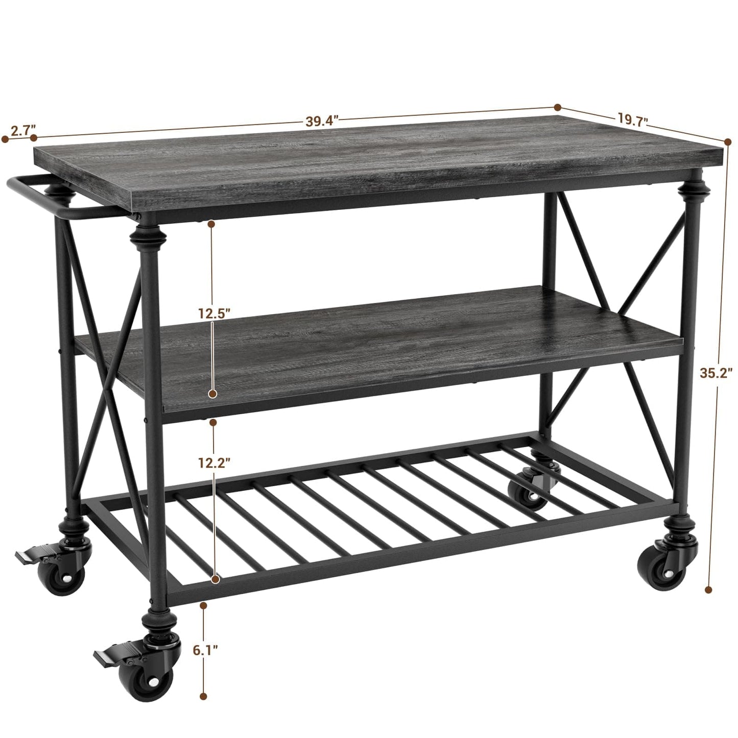 Industrial Mobile Kitchen Island Cart with Wheels: 3-Tier Storage, Lockable Casters for Kitchen, Dining & Small Spaces