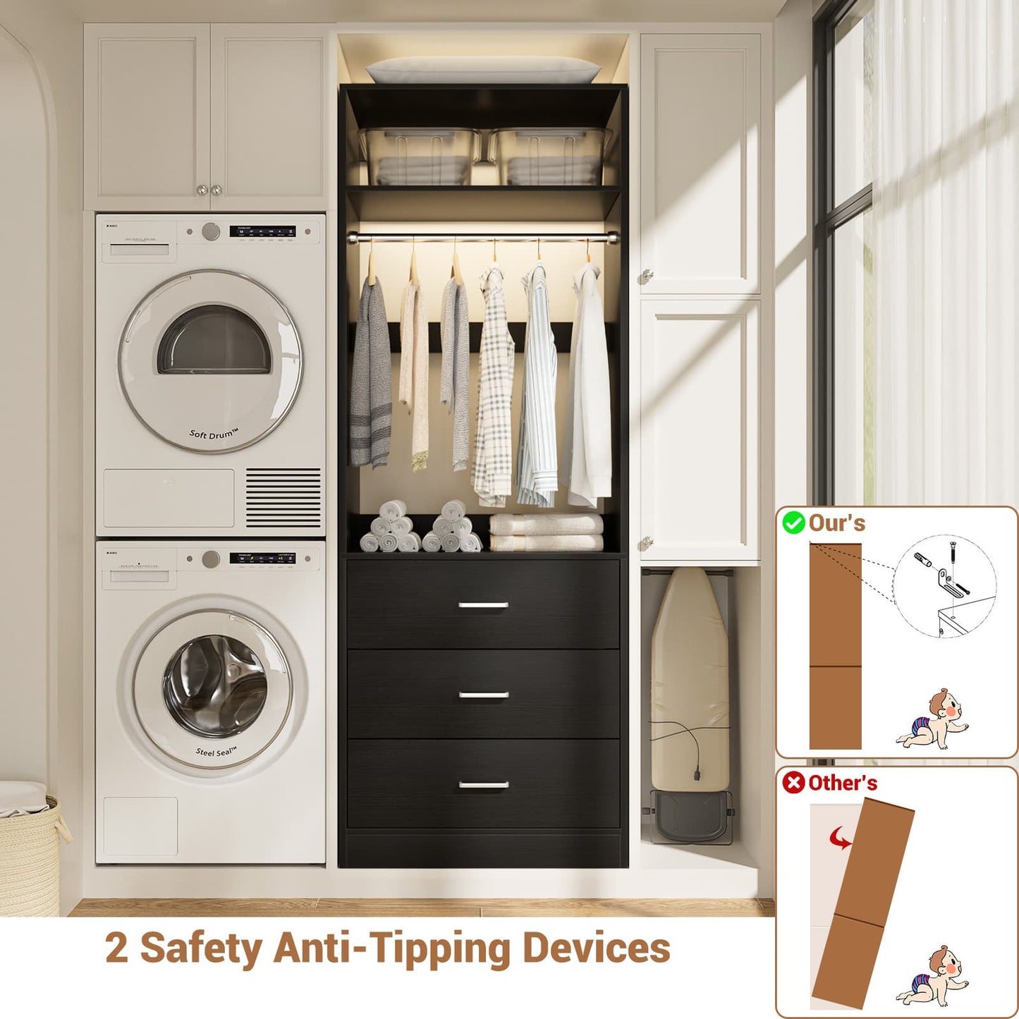 Freestanding 2FT Closet System with 3 Wood Drawers, 24" Closet Organizer System with Hanging Rod & Shelves