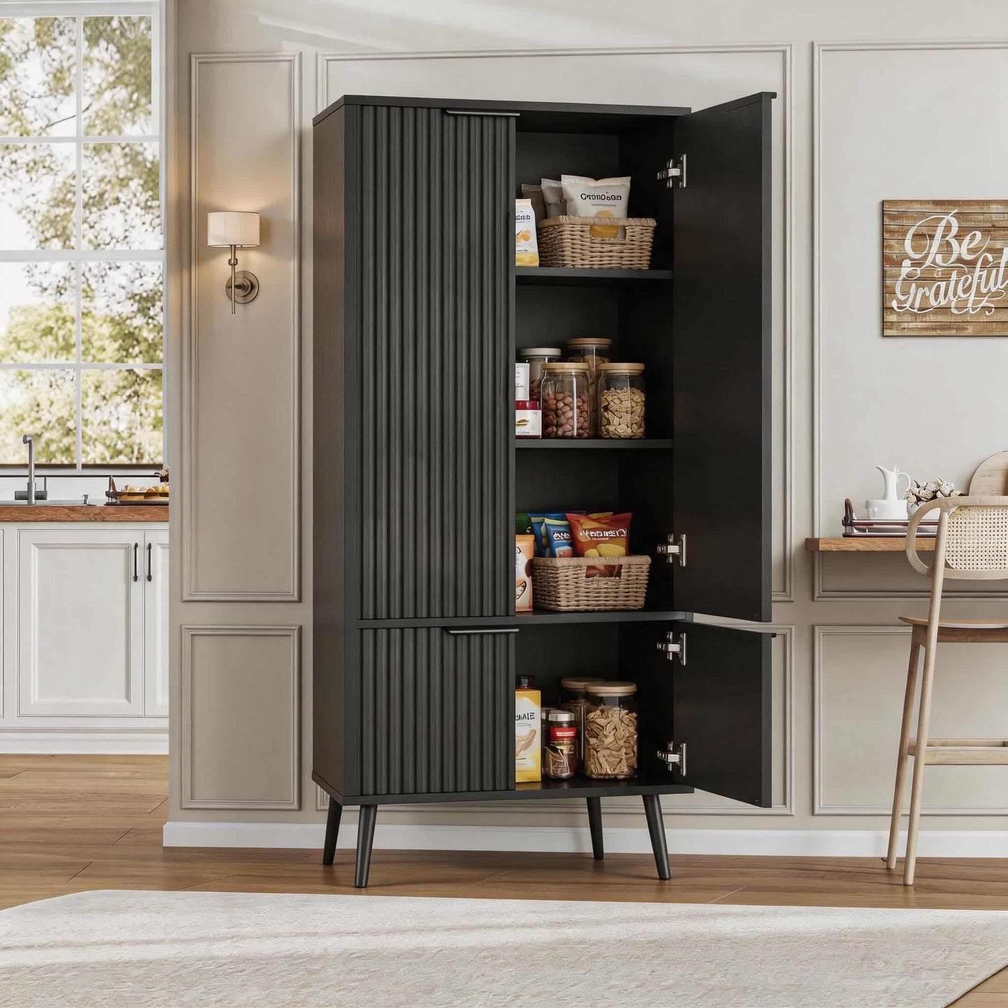 51.2" Freestanding Storage Cabinet with 4 Fluted Doors, Adjustable Shelves & Raised Legs - Wobble-Free Organizer for Bathroom, Kitchen, Living Room
