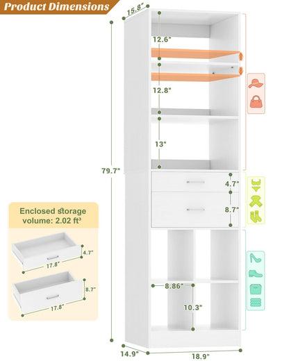 Tall Vertical Closet System, 18.9" Width Freestanding Wardrobe Storage Unit with Adjustable Shelves & Smooth-Glide Drawers