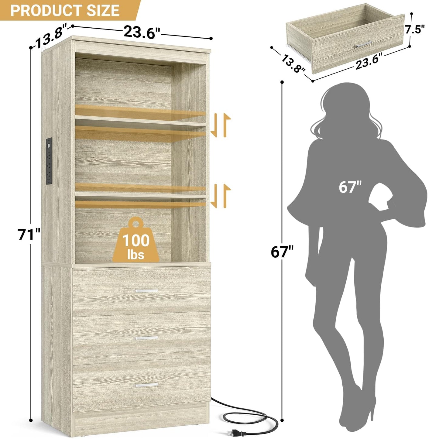 71" Tall Bookcases with 3 Large Drawers & 3 Shelves, Wooden Bookshelf for Living Room Offic