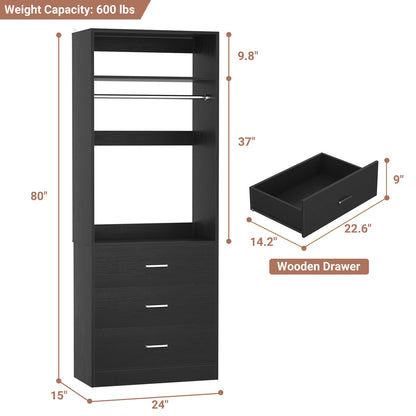 Freestanding 2FT Closet System with 3 Wood Drawers, 24" Closet Organizer System with Hanging Rod & Shelves