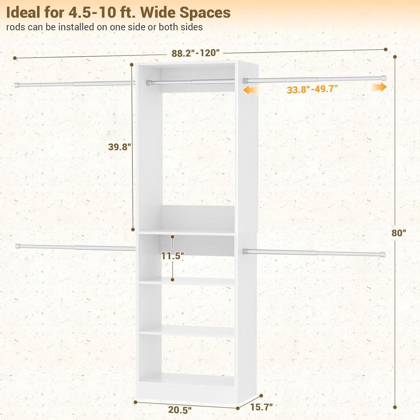 20.5-120'' W Closet Organizer System with 5 Hanging Rods, Shelving Tower