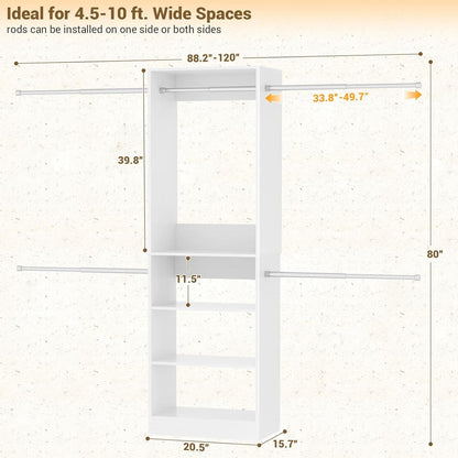 20.5-120'' W Closet Organizer System with 5 Hanging Rods, Shelving Tower