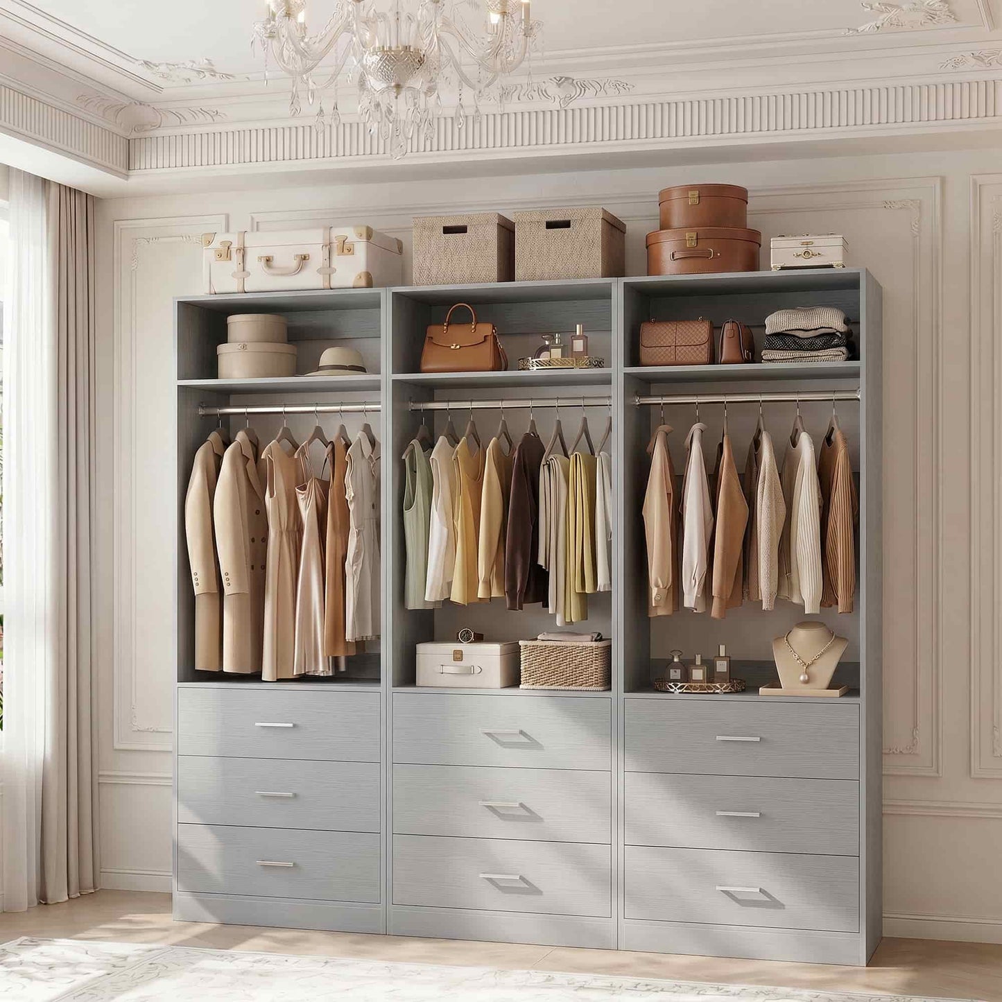 Freestanding Closet System Set - 3-Pack with 3 Wood Drawers Each,With Hanging Rod & Shelves, 24"L x 15"W x 80"H