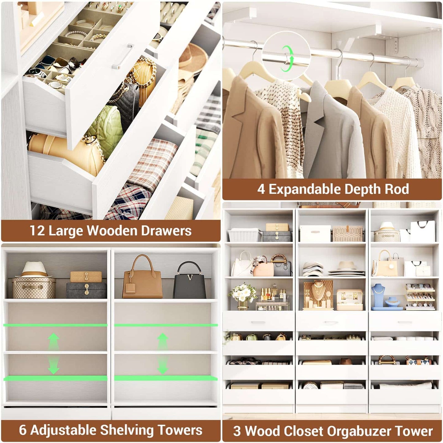 3-Piece L-Shaped Walk-in Closet Organizer System, 138.5" Wood Closet Tower with 12 Drawers & 4 Expandable Hanging Rods, Customizable Wardrobe Storage Set for Bedroom, Apartment
