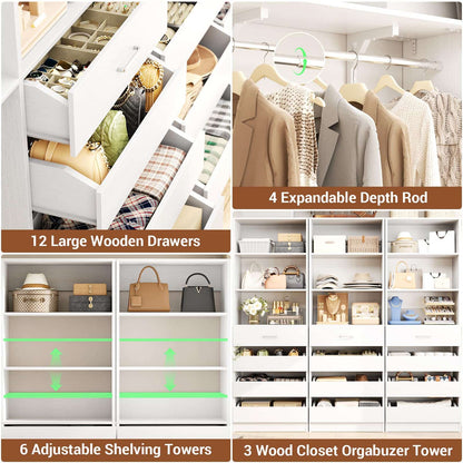 3-Piece L-Shaped Walk-in Closet Organizer System, 138.5" Wood Closet Tower with 12 Drawers & 4 Expandable Hanging Rods, Customizable Wardrobe Storage Set for Bedroom, Apartment