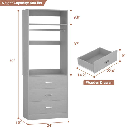 Freestanding 2FT Closet System with 3 Wood Drawers, 24" Closet Organizer System with Hanging Rod & Shelves